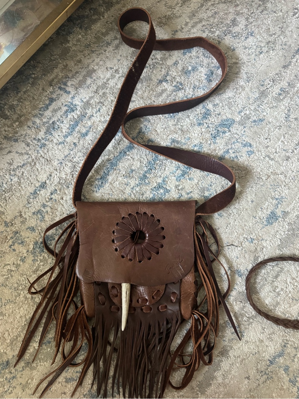 Boho Brown Leather Fringe Crossbody Bag with Carved Floral Accent